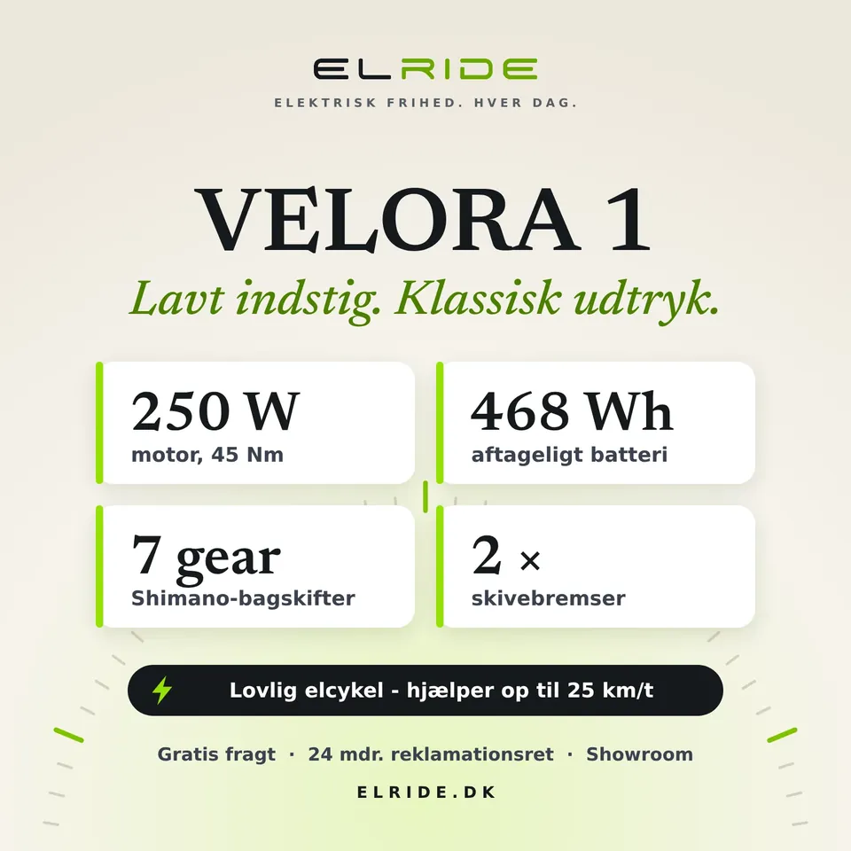 Faktakort for VELORA 1 i ELRIDEs farver med de vigtigste tal, lovlig hastighed, gratis fragt og 24 måneders reklamationsret