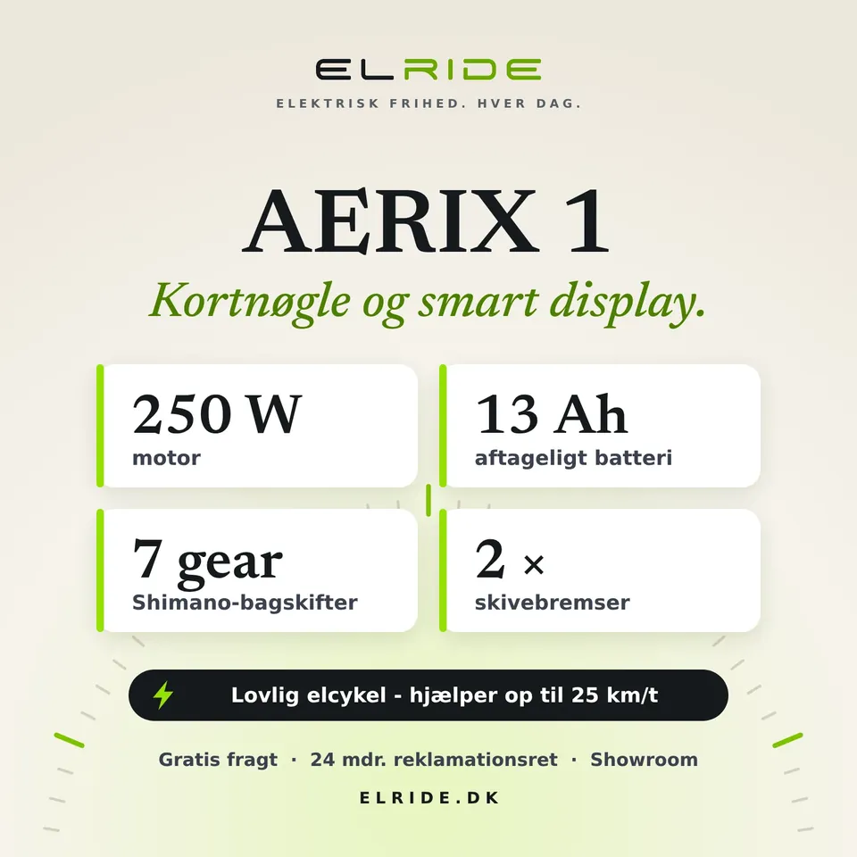 Faktakort for AERIX 1 i ELRIDEs farver med de vigtigste tal, lovlig hastighed, gratis fragt og 24 måneders reklamationsret