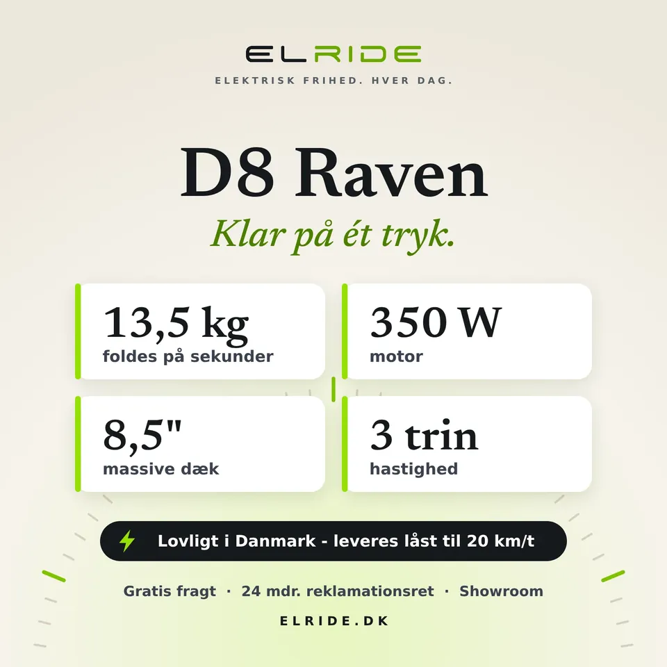 Faktakort for D8 Raven i ELRIDEs farver med de vigtigste tal, lovlig hastighed, gratis fragt og 24 måneders reklamationsret
