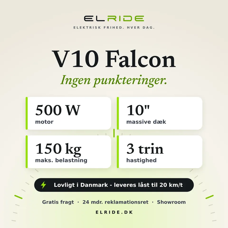 Faktakort for V10 Falcon i ELRIDEs farver med de vigtigste tal, lovlig hastighed, gratis fragt og 24 måneders reklamationsret