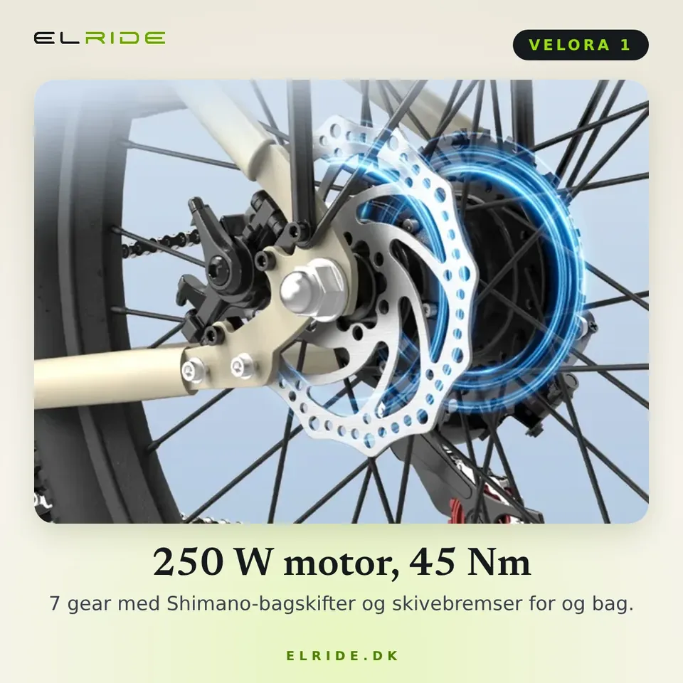 Detaljekort for VELORA 1: 250 W motor med 45 Nm, 7 gear og skivebremser