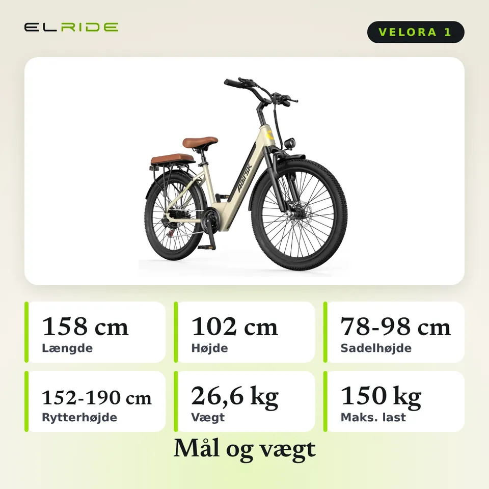 Mål og vægt for VELORA 1 i cm og kg