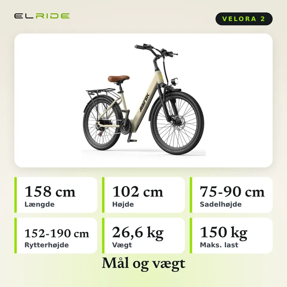 Mål og vægt for VELORA 2 i cm og kg