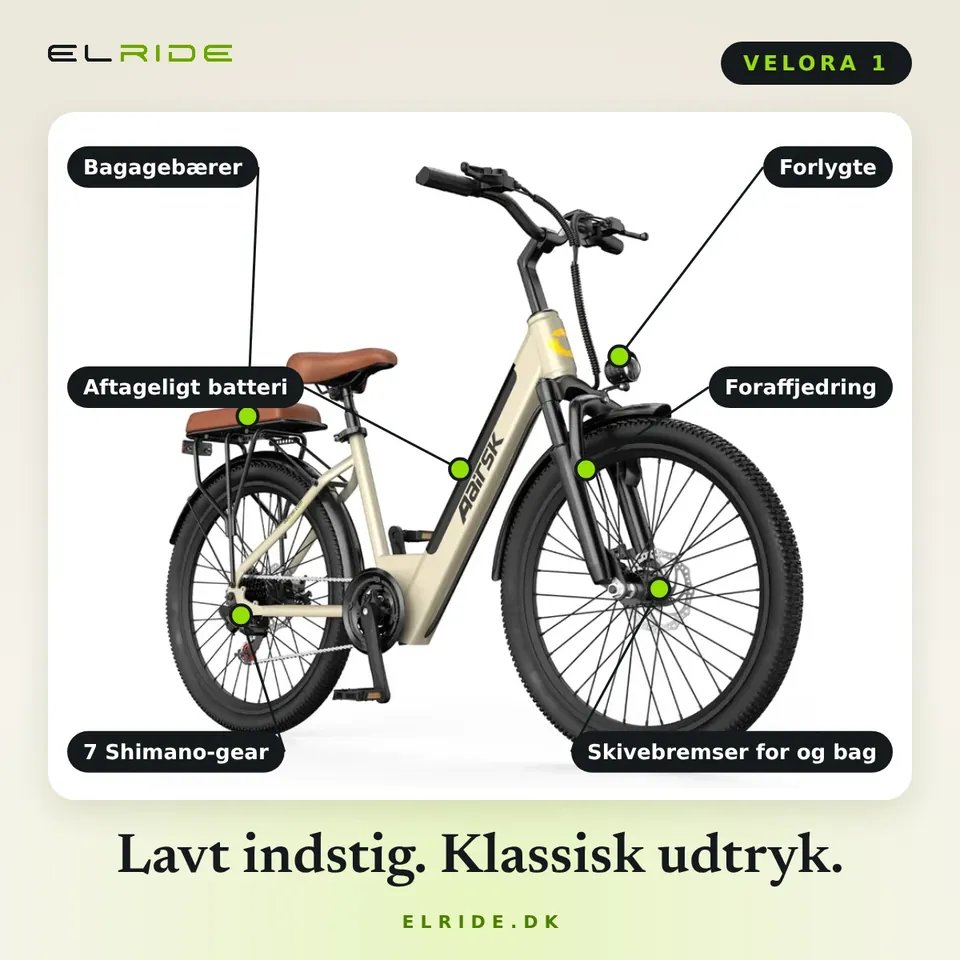 VELORA 1 med pile til det vigtigste: bagagebærer, aftageligt batteri, 7 Shimano-gear, forlygte, foraffjedring og skivebremser