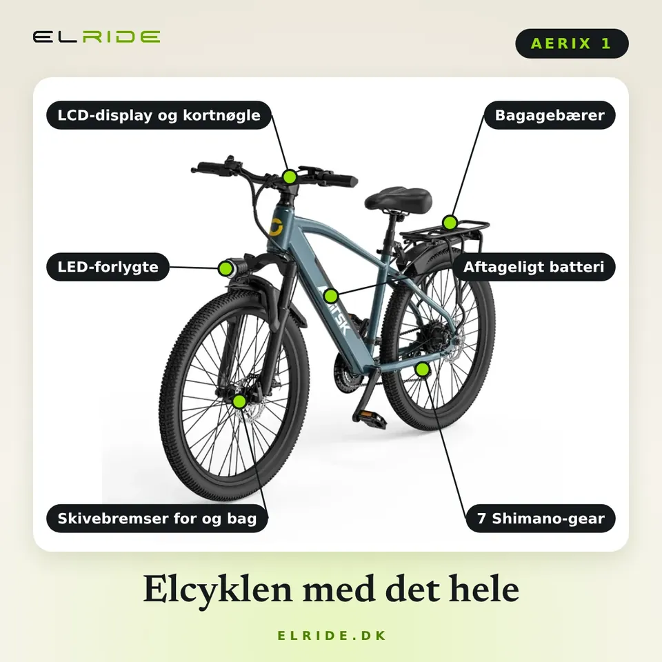 AERIX 1 med pile til det vigtigste: LCD-display og kortnøgle, LED-forlygte, skivebremser, bagagebærer, aftageligt batteri og 7 Shimano-gear
