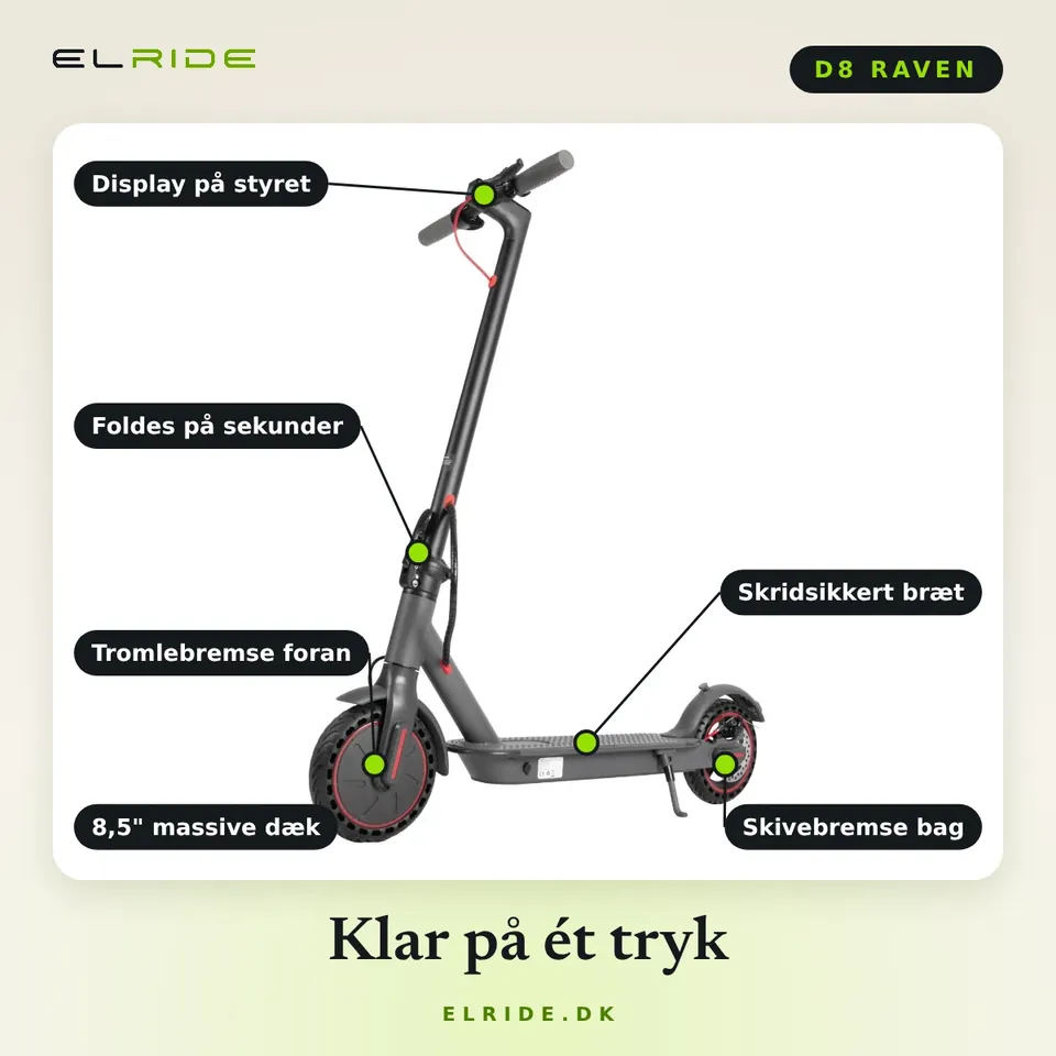 D8 Raven med pile til det vigtigste: display, foldemekanisme, tromlebremse foran, 8,5" massive dæk, skridsikkert bræt og skivebremse bag
