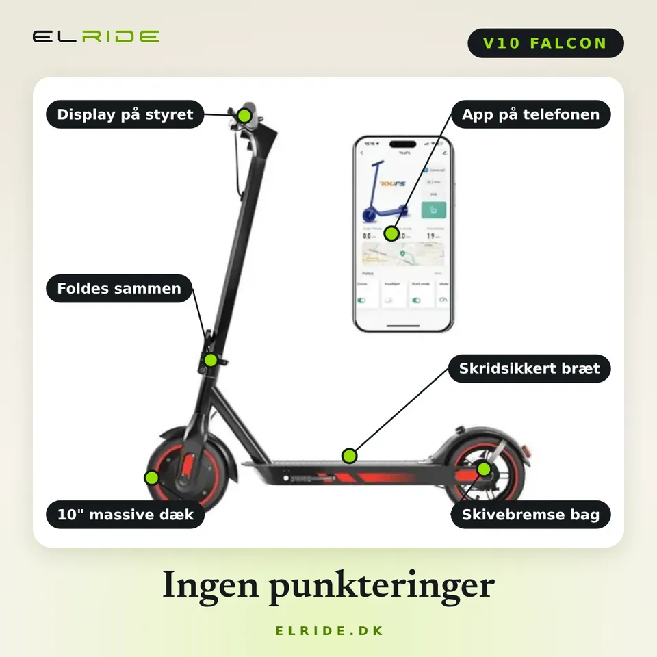 V10 Falcon med pile til det vigtigste: display, foldemekanisme, 10" massive dæk, app på telefonen, skridsikkert bræt og skivebremse bag