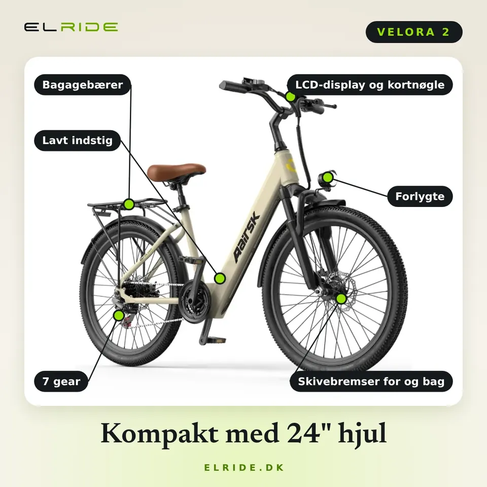 VELORA 2 med pile til det vigtigste: bagagebærer, lavt indstig, 7 gear, LCD-display og kortnøgle, forlygte og skivebremser