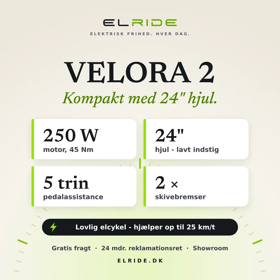 Faktakort for VELORA 2 i ELRIDEs farver med de vigtigste tal, lovlig hastighed, gratis fragt og 24 måneders reklamationsret