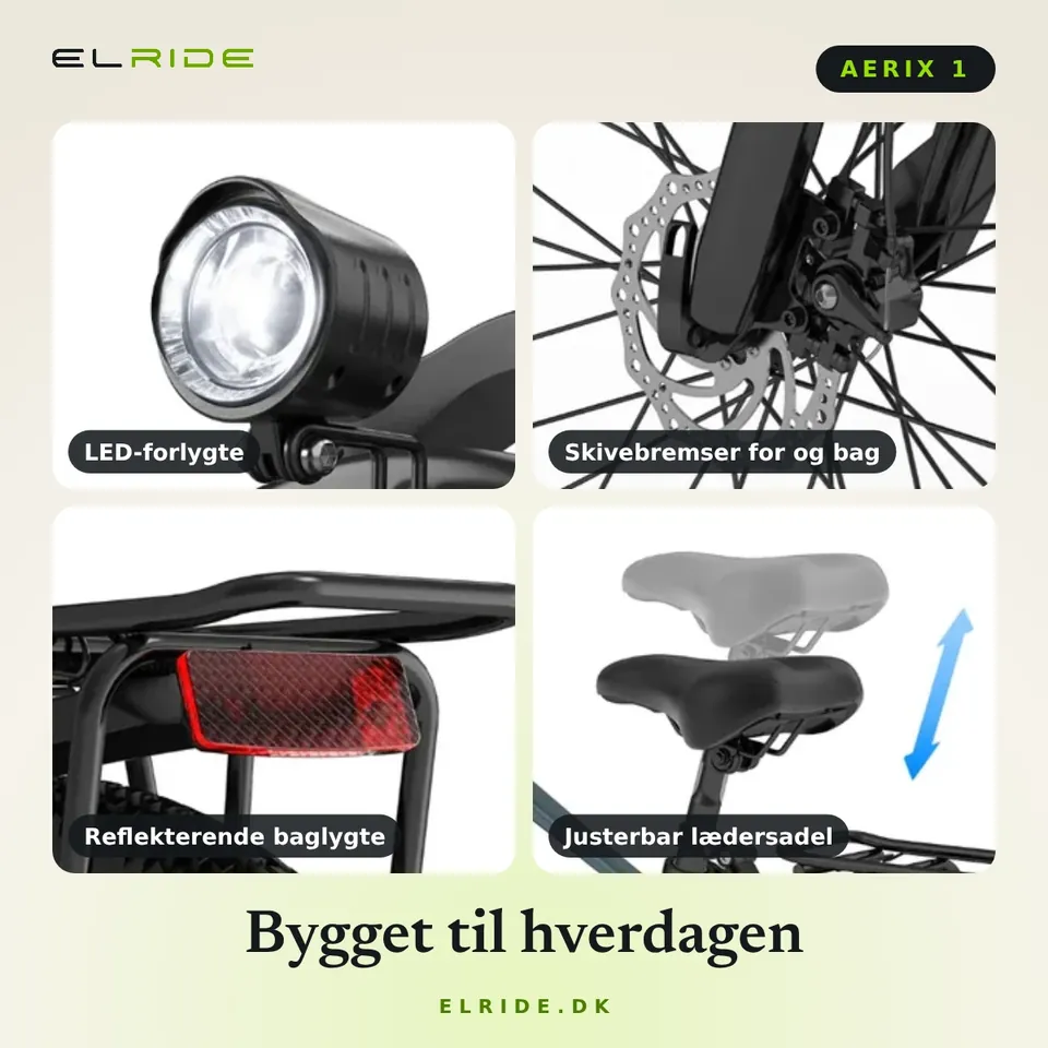 Detaljekort for AERIX 1: LED-forlygte, skivebremser, baglygte og justerbar sadel