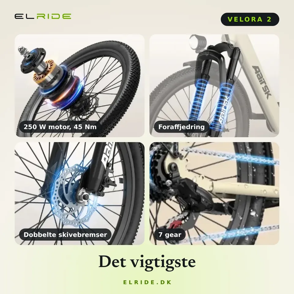 Detaljekort for VELORA 2: motor, foraffjedring, skivebremser og 7 gear