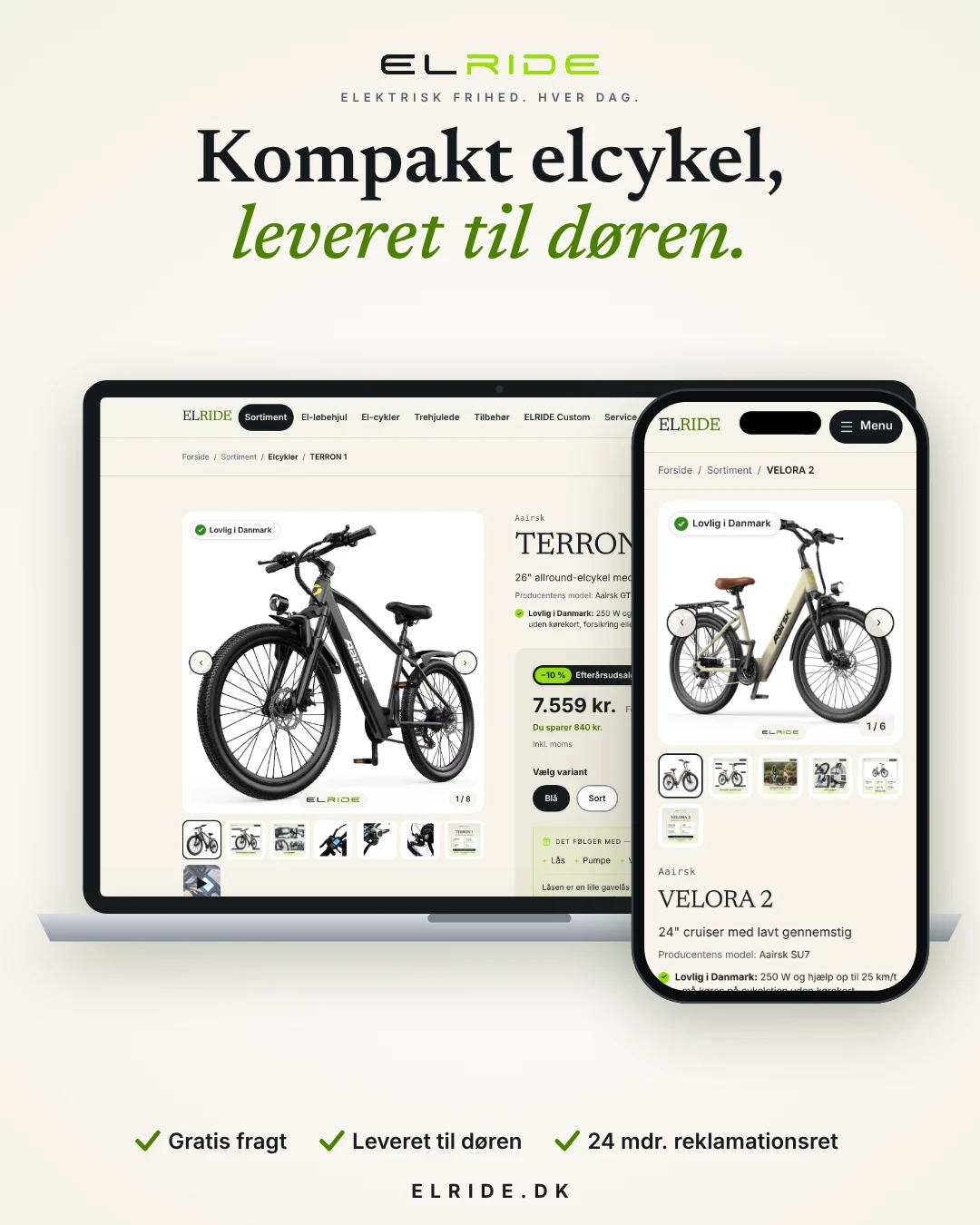 VELORA 2 på elride.dk på en computer og en telefon - kompakt elcykel, leveret til døren