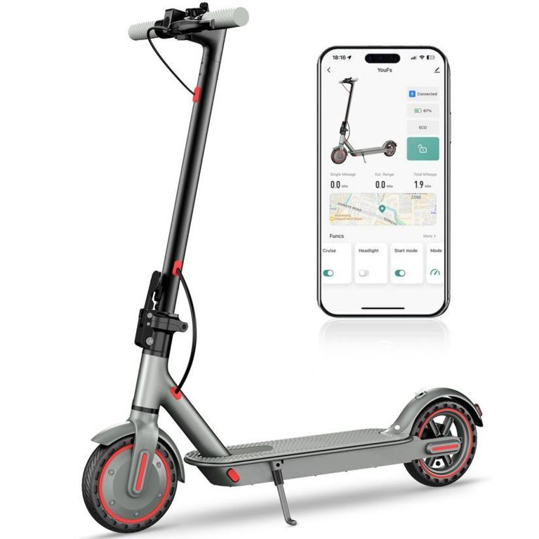 D8 Pro el-løbehjul i sort med røde detaljer, vist med tilhørende app på en telefon
