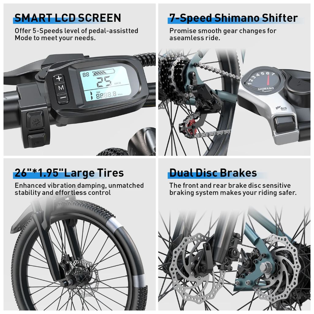 Detaljer på Aairsk GT300: LCD-display, Shimano 7-gears skifter, 26 tommer dæk og skivebremser