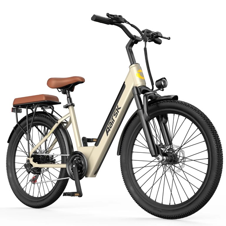 Aairsk S600 elcykel i cremehvid/guld med brunt læder-sadelsæt — produktfoto