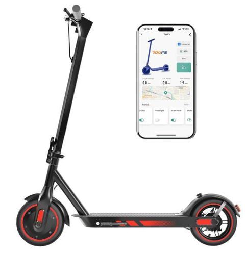 ELRIDE V10 Falcon el-løbehjul i sort med røde detaljer, set fra siden ved siden af telefon med app